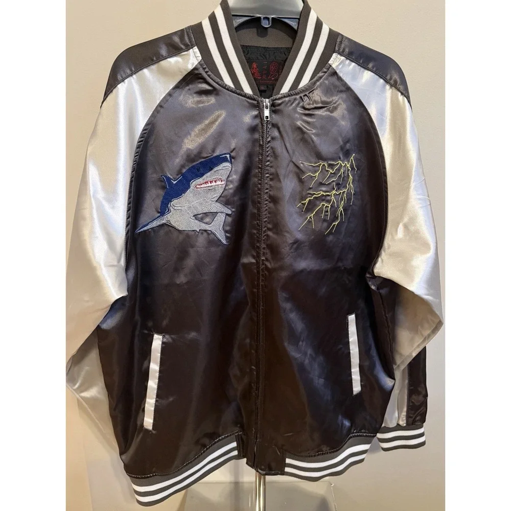 Men's Sukajan Bomber Jacket 4L Black/White Embroidered Dragon Shark Zip New